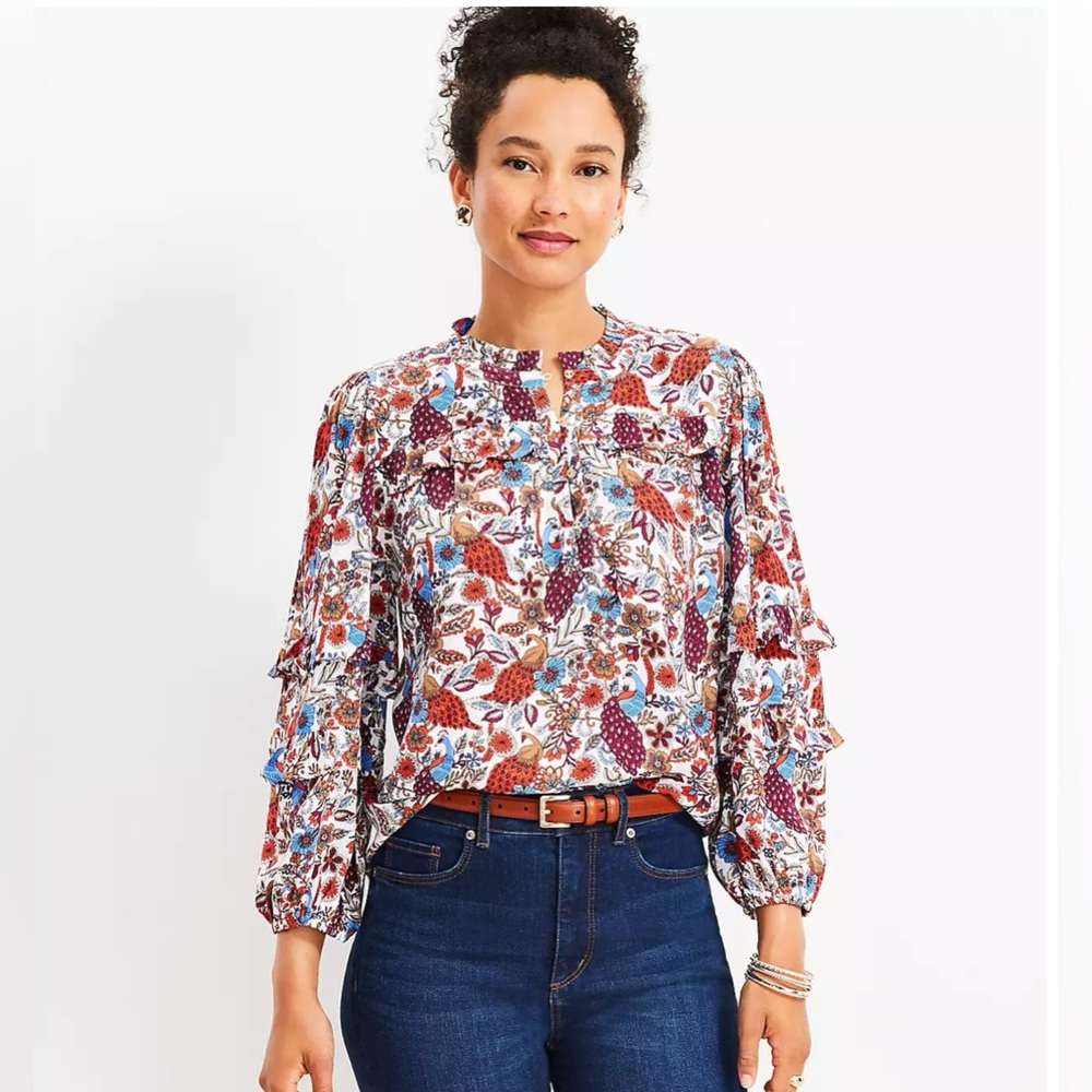 LOFT - Petite Peacock Ruffle Button Blouse - Petite L